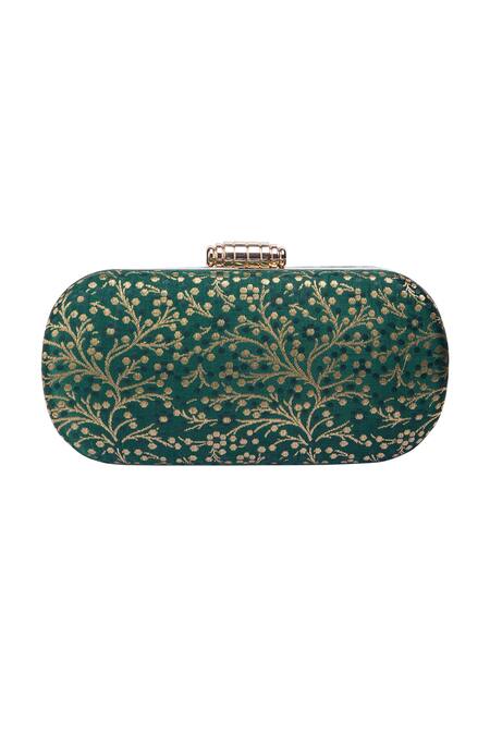 Shop_Nazaakat By Samara Singh_Green Embroidery Printed Banarsi Silk Clutch _Online_at_Aza_Fashions