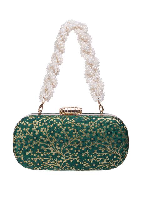 Nazaakat By Samara Singh_Green Embroidery Printed Banarsi Silk Clutch _at_Aza_Fashions