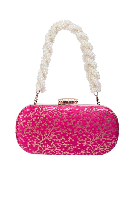 Shop_Nazaakat By Samara Singh_Pink Embroidery Printed Banarsi Silk Clutch _Online_at_Aza_Fashions
