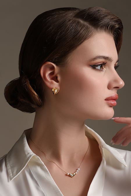 Shop_Dusala_Gold Plated Pearls Heartfealt Earrings _Online_at_Aza_Fashions
