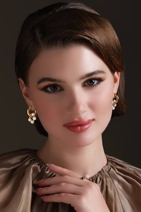 Dusala_Gold Plated Pearls, Beads Huggie Trend Earrings _Online_at_Aza_Fashions