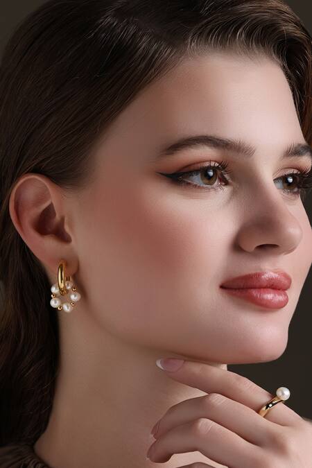 Shop_Dusala_Gold Plated Pearls, Beads Huggie Trend Earrings _Online_at_Aza_Fashions