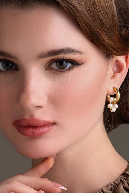 Dusala_Gold Plated Pearls, Beads Huggie Trend Earrings _at_Aza_Fashions