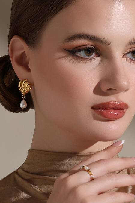 Shop_Dusala_Gold Plated Pearls Geometric Flair Earrings _Online_at_Aza_Fashions