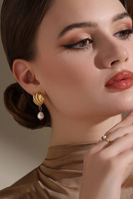 Dusala_Gold Plated Pearls Geometric Flair Earrings _at_Aza_Fashions