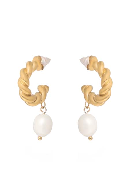 Shop Dusala Gold Plated Pearls Hoop Luxury Earrings at Aza Fashions Shop_Dusala_Gold Plated Pearls Hoop Luxury Earrings _at_Aza_Fashions