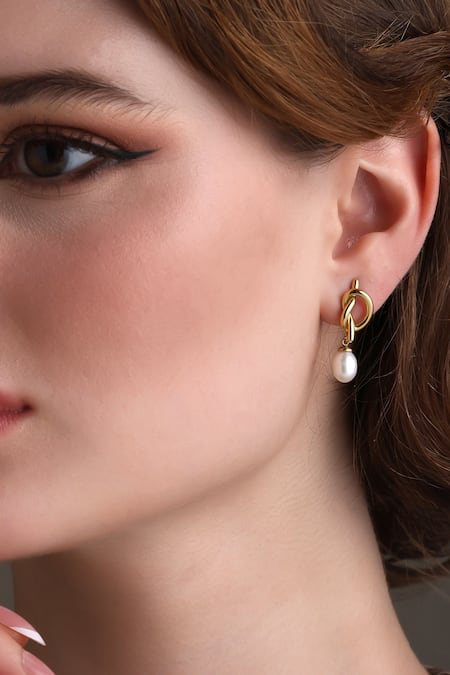Shop_Dusala_Gold Plated Pearls Knot Sophistication Earrings _Online_at_Aza_Fashions