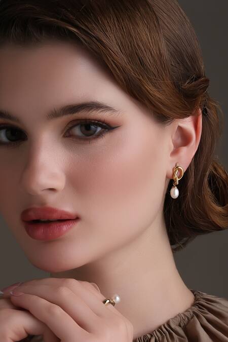 Dusala_Gold Plated Pearls Knot Sophistication Earrings _at_Aza_Fashions