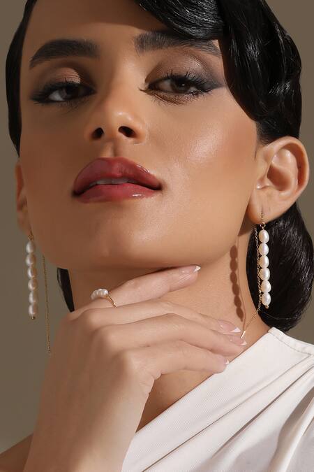 Shop_Dusala_Gold Plated Pearls Chain Flair Earrings _Online_at_Aza_Fashions