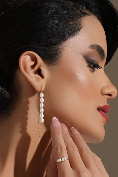 Dusala_Gold Plated Pearls Chain Flair Earrings _at_Aza_Fashions