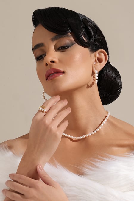 Dusala_Gold Plated Clavicale Pearl Grace Necklace _at_Aza_Fashions