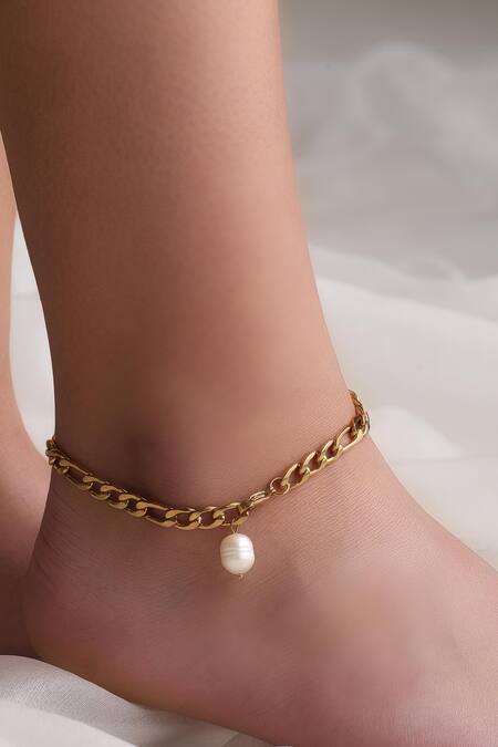 Shop Dusala Gold Plated Imitation Gemstones Pearl Anklet Shop_Dusala_Gold Plated Imitation Gemstones Pearl Anklet