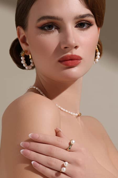 Shop Dusala Gold Plated Pearls On Earrings Online at Aza Fashions Shop_Dusala_Gold Plated Pearls On Earrings _Online_at_Aza_Fashions