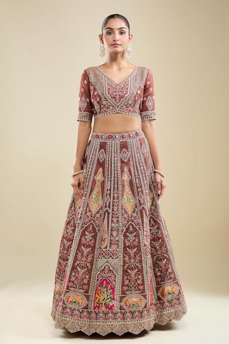 Buy_Samyukta Singhania_Brown Net Embroidery V-neck Lehenga Set _Online_at_Aza_Fashions