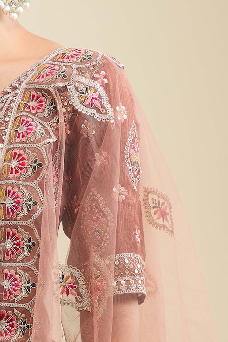 Shop_Samyukta Singhania_Brown Net Embroidery V-neck Lehenga Set _Online_at_Aza_Fashions