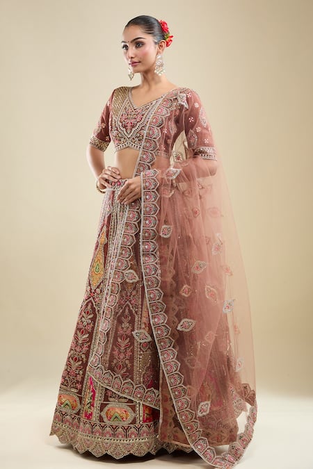 Buy_Samyukta Singhania_Brown Net Embroidery V-neck Lehenga Set 