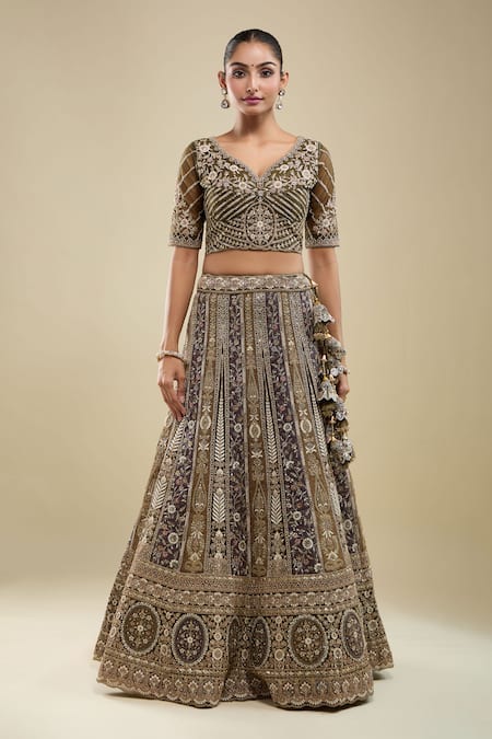 Buy Samyukta Singhania Green Net Embroidery V-neck Tonal Lehenga Set Online at Aza Fashions Buy_Samyukta Singhania_Green Net Embroidery V-neck Tonal Lehenga Set _Online_at_Aza_Fashions