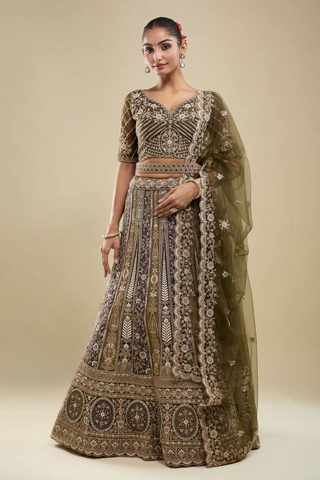 Shop Samyukta Singhania Green Net Embroidery V-neck Tonal Lehenga Set Online at Aza Fashions Shop_Samyukta Singhania_Green Net Embroidery V-neck Tonal Lehenga Set _Online_at_Aza_Fashions