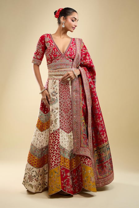 Buy_Samyukta Singhania_Multi Color Net Embroidery V-neck Lehenga Set _Online_at_Aza_Fashions