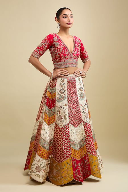 Shop_Samyukta Singhania_Multi Color Net Embroidery V-neck Lehenga Set _Online_at_Aza_Fashions