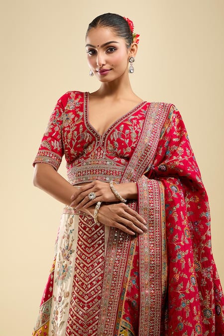 Buy_Samyukta Singhania_Multi Color Net Embroidery V-neck Lehenga Set 