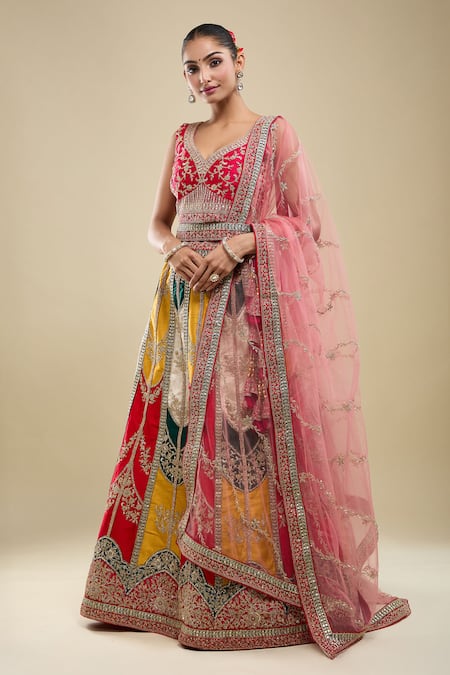 Buy_Samyukta Singhania_Multi Color Silk, Net Embroidery V-neck Paisley Lehenga Set _Online_at_Aza_Fashions