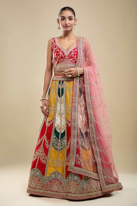 Shop_Samyukta Singhania_Multi Color Silk, Net Embroidery V-neck Paisley Lehenga Set _Online_at_Aza_Fashions