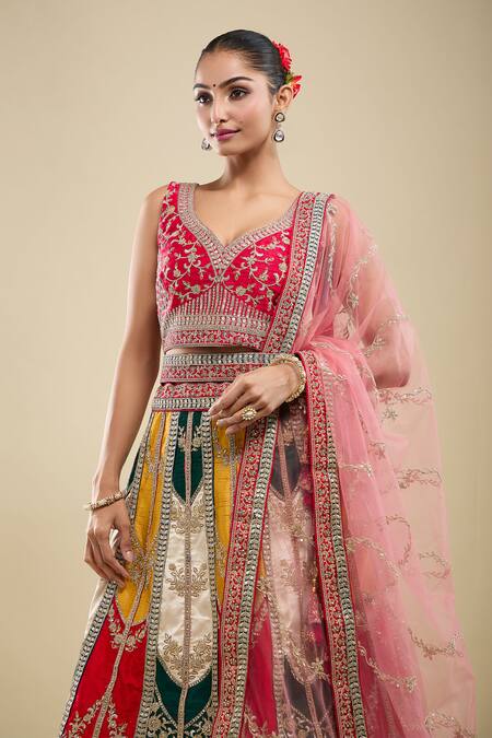 Samyukta Singhania_Multi Color Silk, Net Embroidery V-neck Paisley Lehenga Set _at_Aza_Fashions