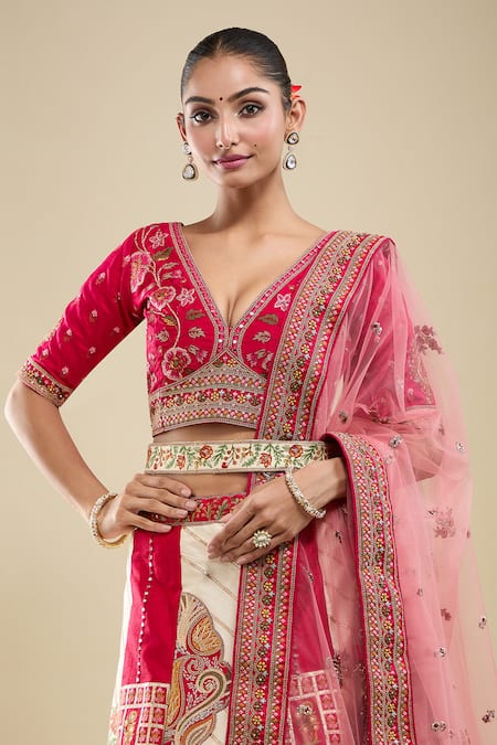 Buy_Samyukta Singhania_Ivory Net Embroidery V-neck Lehenga Set _Online_at_Aza_Fashions