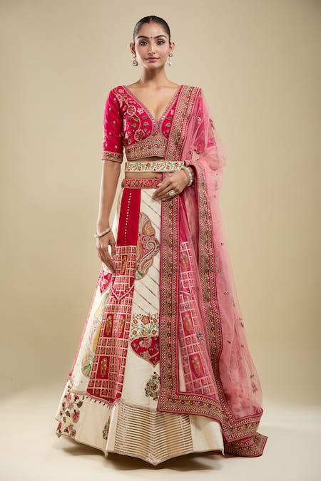 Buy_Samyukta Singhania_Ivory Net Embroidery V-neck Lehenga Set 
