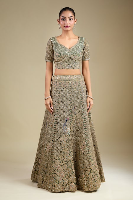 Shop_Samyukta Singhania_Green Net Tassels, Embroidery V-neck Aari Lehenga Set _Online_at_Aza_Fashions