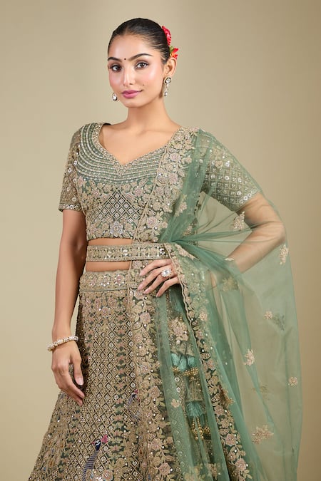 Buy_Samyukta Singhania_Green Net Tassels, Embroidery V-neck Aari Lehenga Set 