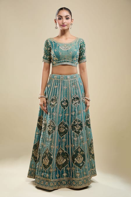 Buy Samyukta Singhania Green Jacquard, Silk Zari, Embroidery Round Neck Leaflet Lehenga Set Online at Aza Fashions Buy_Samyukta Singhania_Green Jacquard, Silk Zari, Embroidery Round Neck Leaflet Lehenga Set _Online_at_Aza_Fashions