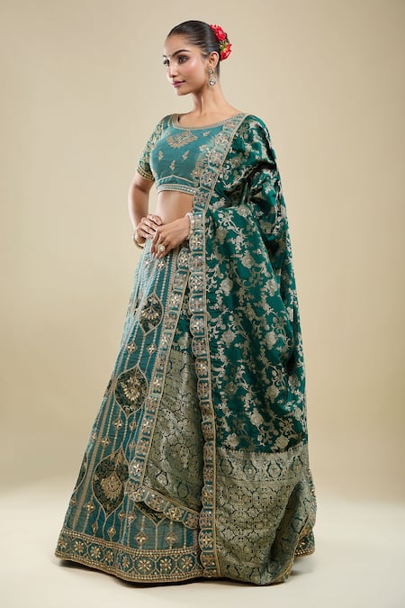 Samyukta Singhania Green Jacquard, Silk Zari, Embroidery Round Neck Leaflet Lehenga Set at Aza Fashions Samyukta Singhania_Green Jacquard, Silk Zari, Embroidery Round Neck Leaflet Lehenga Set _at_Aza_Fashions