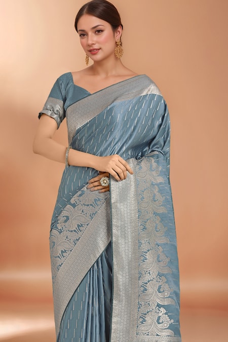 Shop Samyukta Singhania Gray Zari Sweetheart Neck Grey Woven Banarasi Silk Saree With Blouse Online at Aza Fashions Shop_Samyukta Singhania_Gray Zari Sweetheart Neck Grey Woven Banarasi Silk Saree With Blouse _Online_at_Aza_Fashions