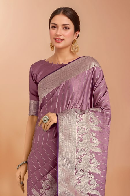 Samyukta Singhania_Pink Zari V-neck Woven Banarasi Silk Saree With Blouse _at_Aza_Fashions