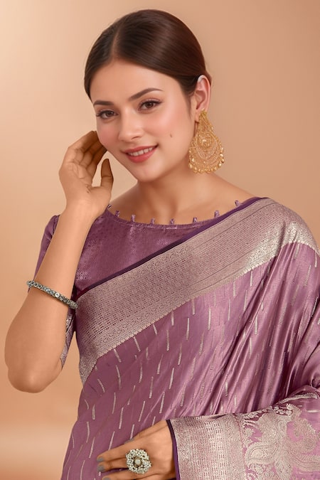 Shop_Samyukta Singhania_Pink Zari V-neck Woven Banarasi Silk Saree With Blouse 