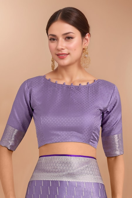 Buy Samyukta Singhania Lavender Zari Round Neck Woven Banarasi Satin Silk Saree With Blouse Online at Aza Fashions Buy_Samyukta Singhania_Lavender Zari Round Neck Woven Banarasi Satin Silk Saree With Blouse _Online_at_Aza_Fashions