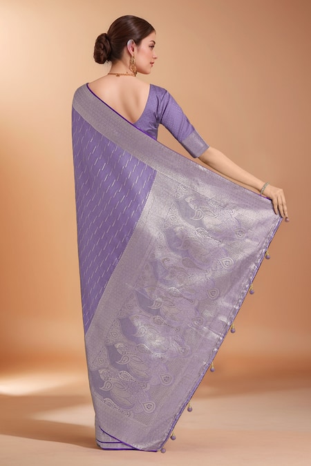 Shop Samyukta Singhania Lavender Zari Round Neck Woven Banarasi Satin Silk Saree With Blouse at Aza Fashions Shop_Samyukta Singhania_Lavender Zari Round Neck Woven Banarasi Satin Silk Saree With Blouse _at_Aza_Fashions