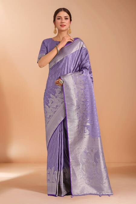Samyukta Singhania Lavender Zari Round Neck Woven Banarasi Satin Silk Saree With Blouse at Aza Fashions Samyukta Singhania_Lavender Zari Round Neck Woven Banarasi Satin Silk Saree With Blouse _at_Aza_Fashions