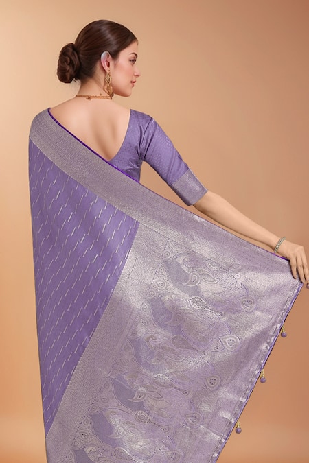 Shop Samyukta Singhania Lavender Zari Round Neck Woven Banarasi Satin Silk Saree With Blouse Shop_Samyukta Singhania_Lavender Zari Round Neck Woven Banarasi Satin Silk Saree With Blouse
