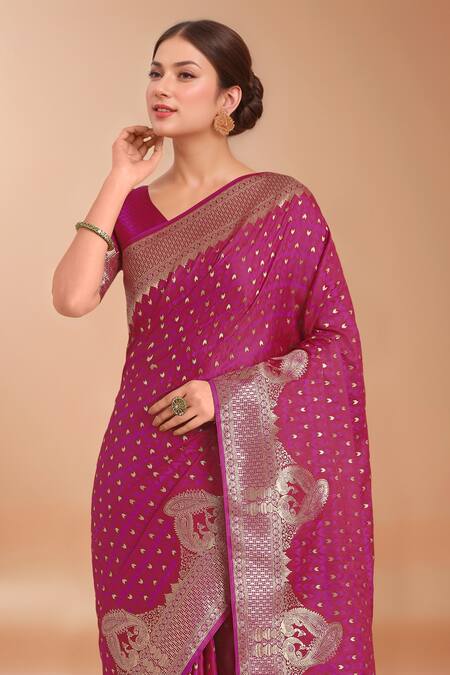 Buy_Samyukta Singhania_Pink Embroidery, Zari V-neck Woven Banarasi Silk Saree With Blouse _Online_at_Aza_Fashions
