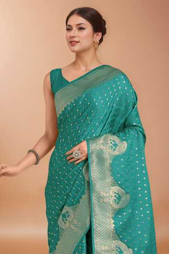Khwaab By Sanjana Lakhani Green Zari V-neck Woven Banarasi Saree With Blouse Online at Aza Fashions Khwaab By Sanjana Lakhani_Green Zari V-neck Woven Banarasi Saree With Blouse _Online_at_Aza_Fashions