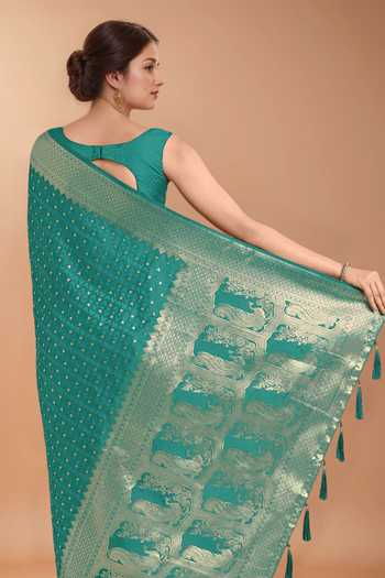 Buy Khwaab By Sanjana Lakhani Green Zari V-neck Woven Banarasi Saree With Blouse Online at Aza Fashions Buy_Khwaab By Sanjana Lakhani_Green Zari V-neck Woven Banarasi Saree With Blouse _Online_at_Aza_Fashions