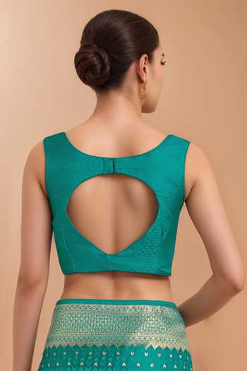 Shop Khwaab By Sanjana Lakhani Green Zari V-neck Woven Banarasi Saree With Blouse Online at Aza Fashions Shop_Khwaab By Sanjana Lakhani_Green Zari V-neck Woven Banarasi Saree With Blouse _Online_at_Aza_Fashions