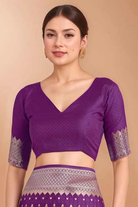 Samyukta Singhania Purple Zari V-neck Woven Banarasi Silk Saree With Blouse Online at Aza Fashions Samyukta Singhania_Purple Zari V-neck Woven Banarasi Silk Saree With Blouse _Online_at_Aza_Fashions