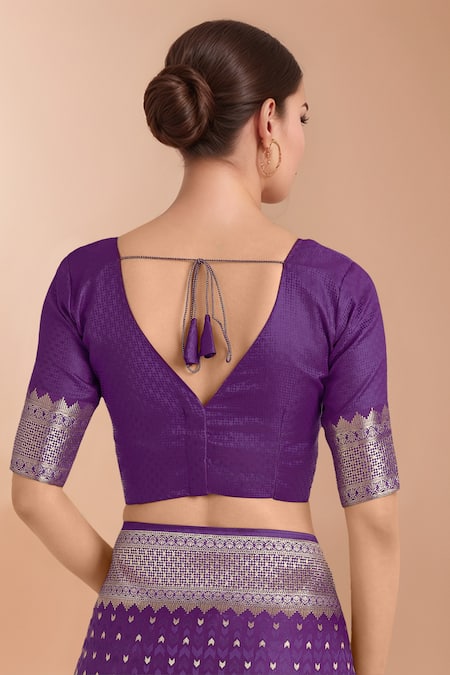 Shop Samyukta Singhania Purple Zari V-neck Woven Banarasi Silk Saree With Blouse Online at Aza Fashions Shop_Samyukta Singhania_Purple Zari V-neck Woven Banarasi Silk Saree With Blouse _Online_at_Aza_Fashions