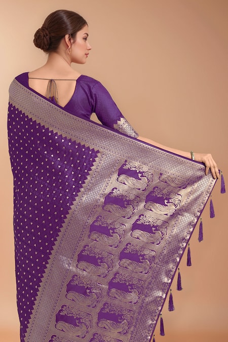 Samyukta Singhania Purple Zari V-neck Woven Banarasi Silk Saree With Blouse at Aza Fashions Samyukta Singhania_Purple Zari V-neck Woven Banarasi Silk Saree With Blouse _at_Aza_Fashions