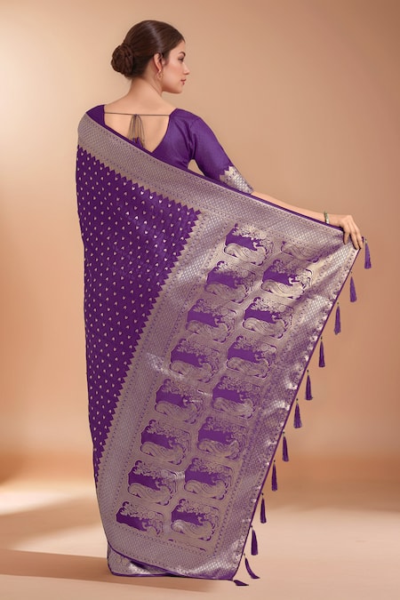 Shop Samyukta Singhania Purple Zari V-neck Woven Banarasi Silk Saree With Blouse at Aza Fashions Shop_Samyukta Singhania_Purple Zari V-neck Woven Banarasi Silk Saree With Blouse _at_Aza_Fashions