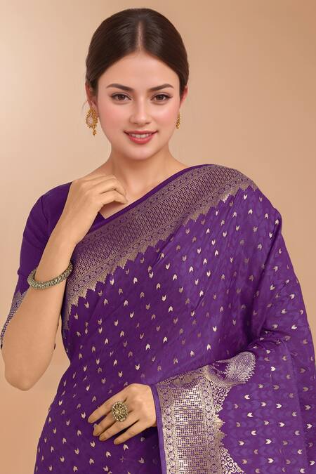 Shop Samyukta Singhania Purple Zari V-neck Woven Banarasi Silk Saree With Blouse Shop_Samyukta Singhania_Purple Zari V-neck Woven Banarasi Silk Saree With Blouse
